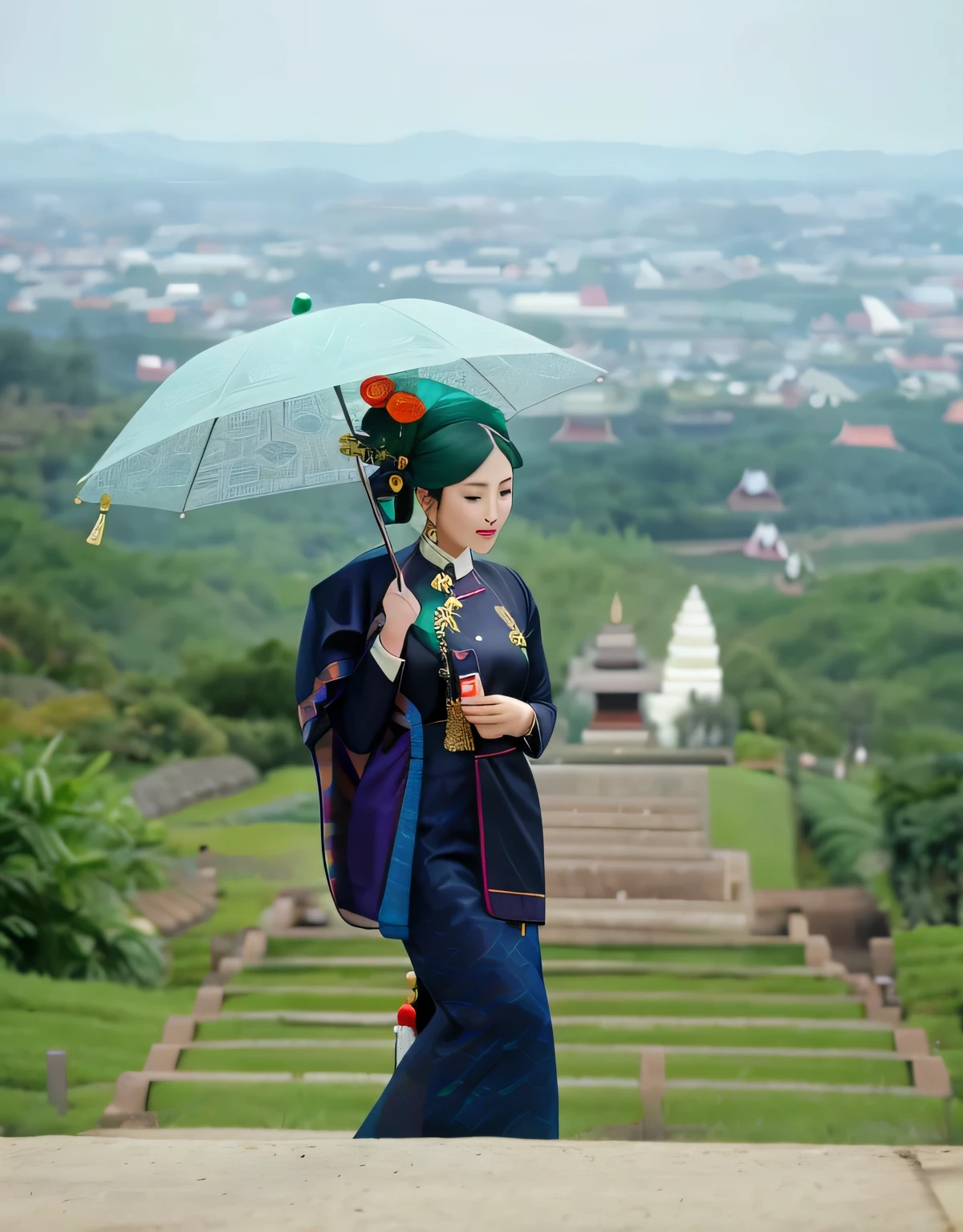 there a woman that holding an umbrella on a hill, traditional tai costume, sukhothai costume, traditional dress, traditional clothes, wearing traditional garb, wearing authentic attire, vietnamese woman, traditional clothing, traditional costume, ao dai, traditional beauty, in style of lam manh, traditional, wonderful, beginner, laos, portrait shot, colourful, potrait myanmar Sex
