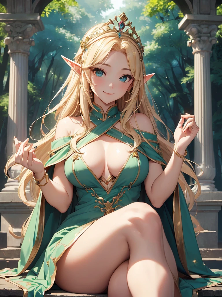 highest quality、Highest image quality、masterpiece、Super beautiful elf beauty((22 years old OL big bust、bust 90,beautiful long ironed hair、blonde、globe、、slender、Close-up、Esbian、beautiful tiara、High quality、beautiful art、background((starry ski)))muste piece、visual art、Depth of bounds written、low angle of morning sky、、elf ears、、magic of light、universe、harp melody🎵、A happy smile、gentle light、、Beautiful legs that are gentle on the skin、、、Number of fingers to achieve precise finger movements、ticker beautiful decorative dress、elegant、mystical　rosa、beautiful dress、　heaven、marble columns, beautiful dressy、、temple of time、Raphael&#39;s paintings、renaissance art、friendly smile、in the forest、sexy、nsfw