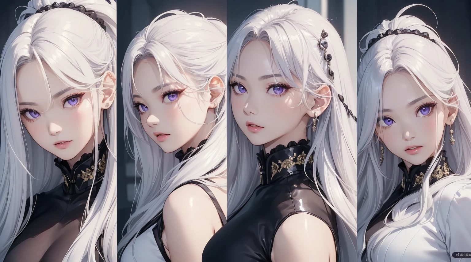 ((Masterpiece)),(((best quality))),((ผMasterpiece)),(((best quality))),(character design sheet, Same character..., front, side), cute young woman, front, side, go back), illustration, height, Highest quality, illustration, Cinema-grade lighting, Very detailed, ใบfrontที่มีรายละเอียด, (The most detailed quality of vision, มีรายVery detailedเกินไป, Masterpiece, (ใบfrontที่มีรายละเอียด), white hair, purple eyes, Highly detailedสุด, shining eyes, Moderate breath, black halo, white clothes, indifferent background lighting:1.4), light rays, (high contrast), (colorful),annoying, ใบfrontเท่านั้น, Separate from each other..., to, equilibrium, decorations, sharp teeth, shout, sparkling eyes, Highly detailed, ((4 expressions)), Jungle Theme , ((ตกสะเก็ดบนใบfront, glossy lips, shiny skin, (((มีสี่frontเท่านั้น))), (((References only four)))