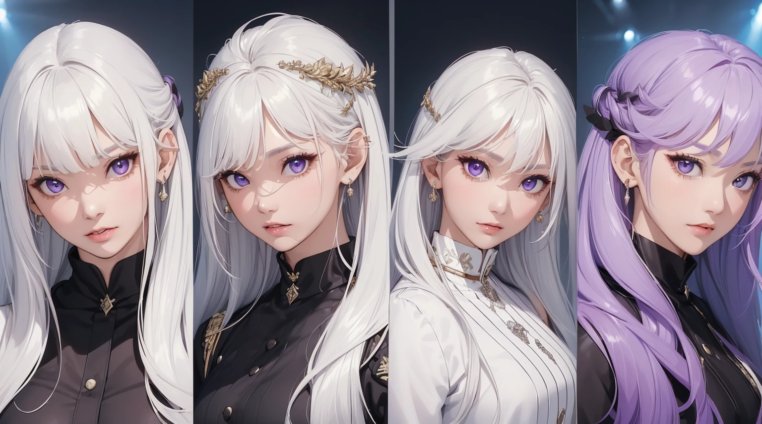 ((Masterpiece)),(((best quality))),((ผMasterpiece)),(((best quality))),(character design sheet, Same character..., front, side), cute young woman, front, side, go back), illustration, height, Highest quality, illustration, Cinema-grade lighting, Very detailed, ใบfrontที่มีรายละเอียด, (The most detailed quality of vision, มีรายVery detailedเกินไป, Masterpiece, (ใบfrontที่มีรายละเอียด), white hair, purple eyes, Highly detailedสุด, shining eyes, Moderate breath, black halo, white clothes, indifferent background lighting:1.4), light rays, (high contrast), (colorful),annoying, ใบfrontเท่านั้น, Separate from each other..., to, equilibrium, decorations, sharp teeth, shout, sparkling eyes, Highly detailed, ((4 expressions)), Jungle Theme , ((ตกสะเก็ดบนใบfront, glossy lips, shiny skin, (((มีสี่frontเท่านั้น))), (((References only four)))