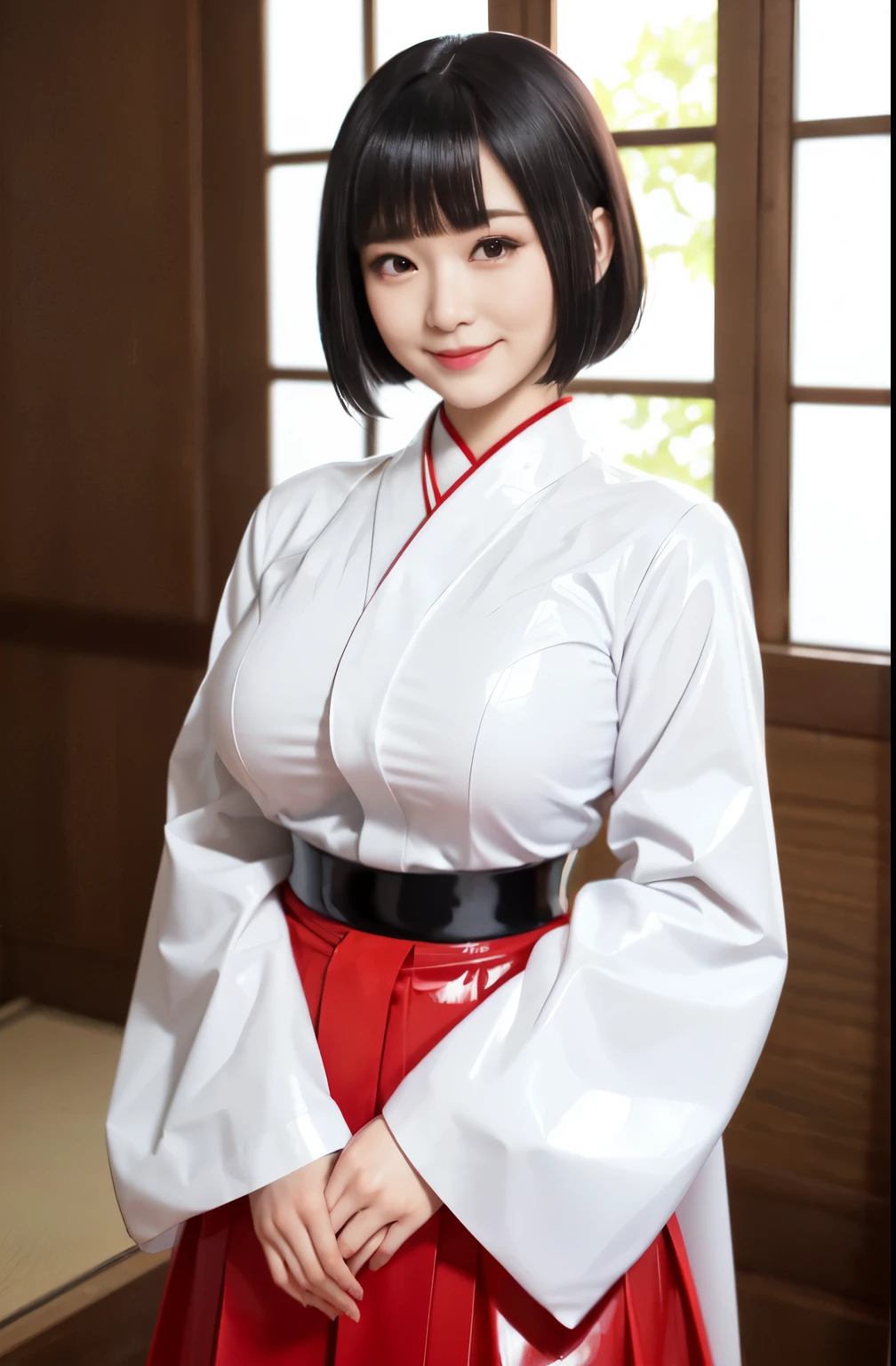 1lady solo standing, /(latex white miko clothes long sleeves detached sleeves red latex long hakama hakama skirt/), mature female, /(black bob hair/) bangs, blush kind smile, (masterpiece best quality:1.2) delicate illustration ultra-detailed, large breasts BREAK /(shrine indoors/), detailed background