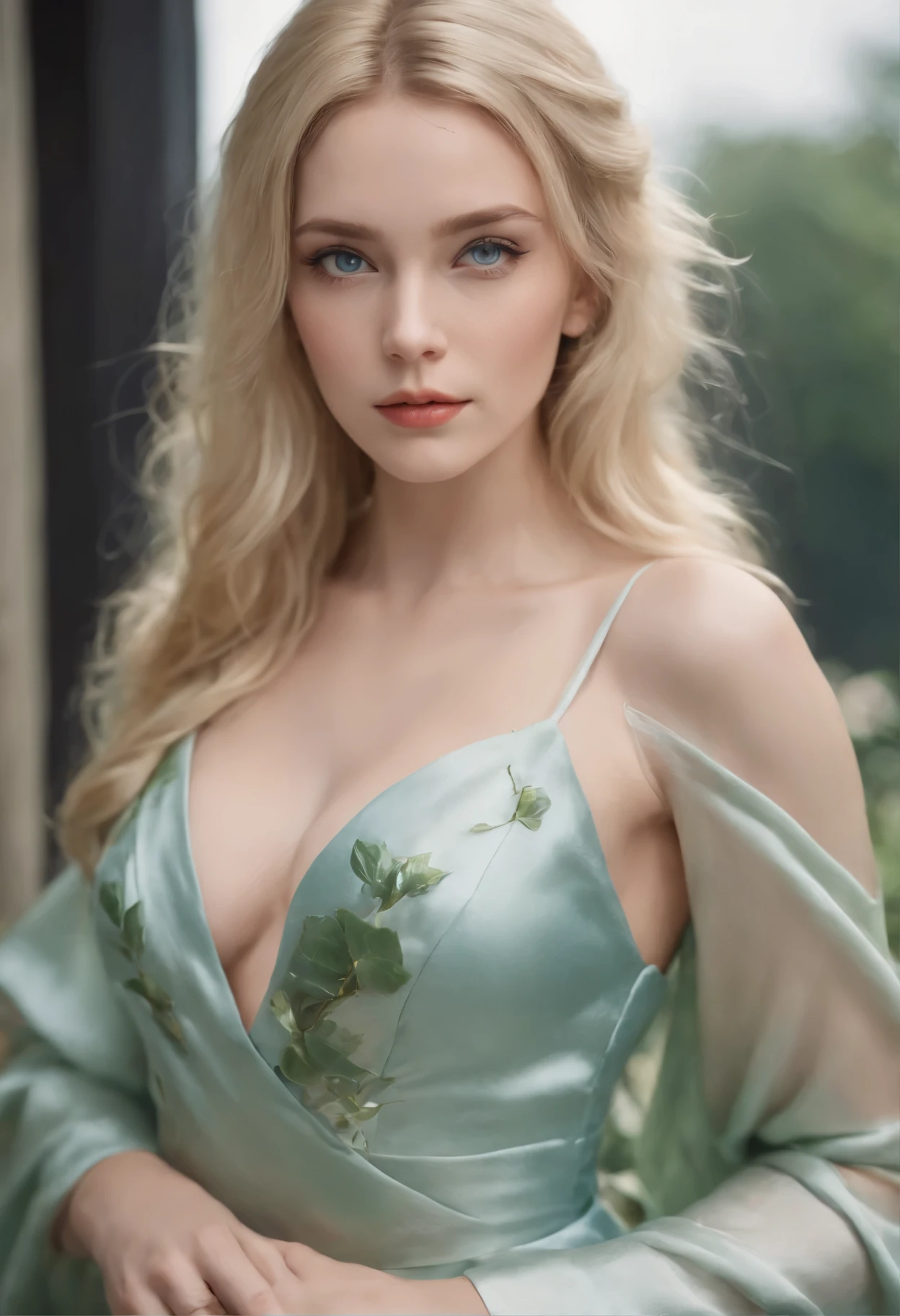 woman, Realistic character，coiffed blonde hair, Willow leaf silk dress，Show the chest，Blue eyes, anime big breast, Alone, modern, cyber punk perssonage，fully body photo