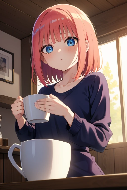 ninonakano, nino nakano, short hair, bangs, blue eyes, pink hair, blunt bangs, Large-sized Y-shirts,Black underwear,Waking up,Sleepy look,Sitting on the sofa,coffee mug on the table,indoor,morning,The sun rises through the gap between the buildings,break looking at viewer,
break (table top:1.2), highest quality, High resolution, unity 8k wallpaper, (figure:0.8), (beautiful and fine eyes:1.6), highly detailed face, perfect lighting, Highly detailed CG, (perfect hands, perfect anatomy),