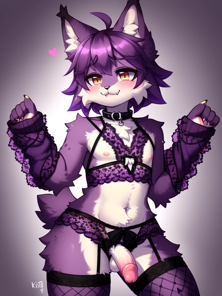 Furry male, (((eyeliner))), eyelashes, (((black eyeshadow))), ((male focus)), lynx, (((purple fur))), (purple hair), furry, cute fangs, cute, medium hair, furry, anime style, fluff, fluffy, thuft, disheveled, realistic fur, detailed, detailed shadows, cheeks fluff, ((fullrender)), <3 eyes, icon portrait, avatar icon, only face, smug face, ((super fluffy)), (upper body), one fang, ((shoulder fluff)), ((shoulder tuft)), ((hairy body)), (((fluffy body))), (((furry body))), thicc thighs, detailed hands, yiffy, teasing face, ((bedroom background)), (((kemono))), ((leg warmers)), ((arm warmers)), upper body, seductive pose, (((solo focus))), ((by jinxit)), claws, blush, :P, ((by kilver)), hair accessories, hair ornaments, collar, standing, navel, nipples under mesh clothing, (((lace clothing))), penis, lace top, mesh sash,