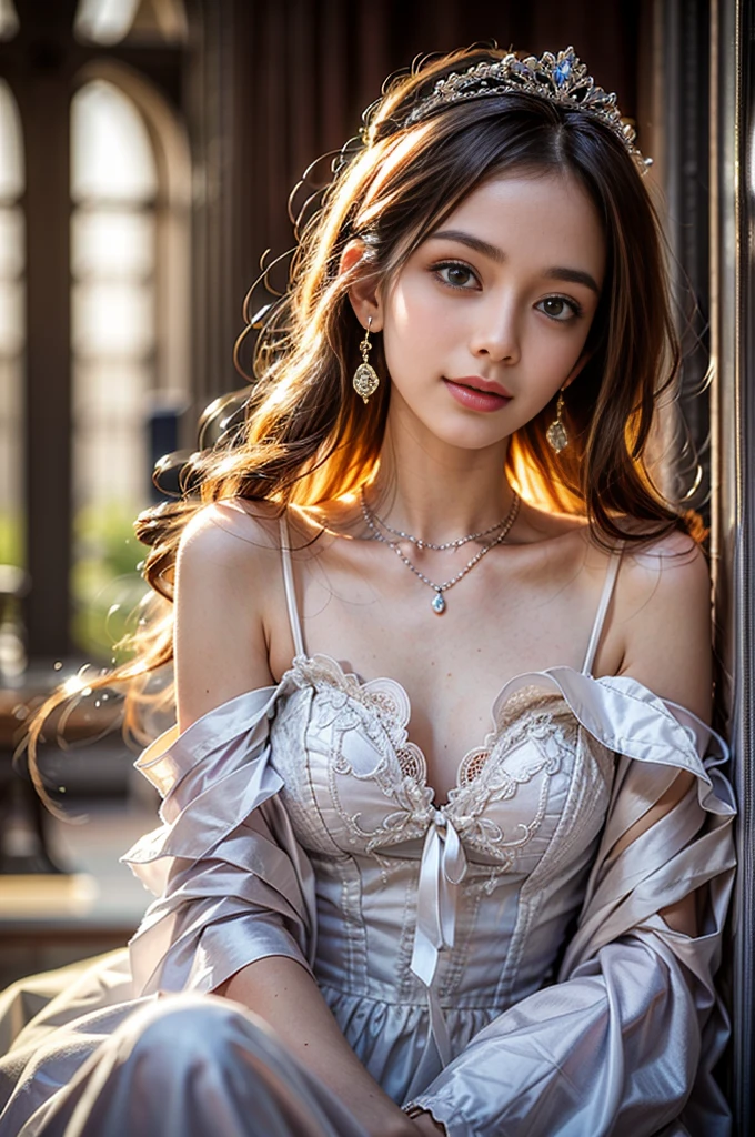 ((RAW shooting:1.5, realistic:1.5, 8K, highest quality, masterpiece, ultra high resolution)), Inside a luxury French royal palace, professional camera work:1.3, Highly detailed skin and facial textures:1.3, glow light effect, Super detailed:1.3, 1 cute 15 year old polish girl, Fair skin, Glossy skin, (elegant:1.4, small face), Ultimate Cute Face:1.5, (Eyes that give a sense of purity:0.9, looking far away), smile:1.0, (mouth is slightly open:0.4, A clean and refreshing taste:0.7), double eyelid, Super long blonde hair, tiara, necklace and earrings, ((elegantで光沢のあるサテンのプリンセスドレスをオフショルダーで正しく着こなす方法)), cowboy shot