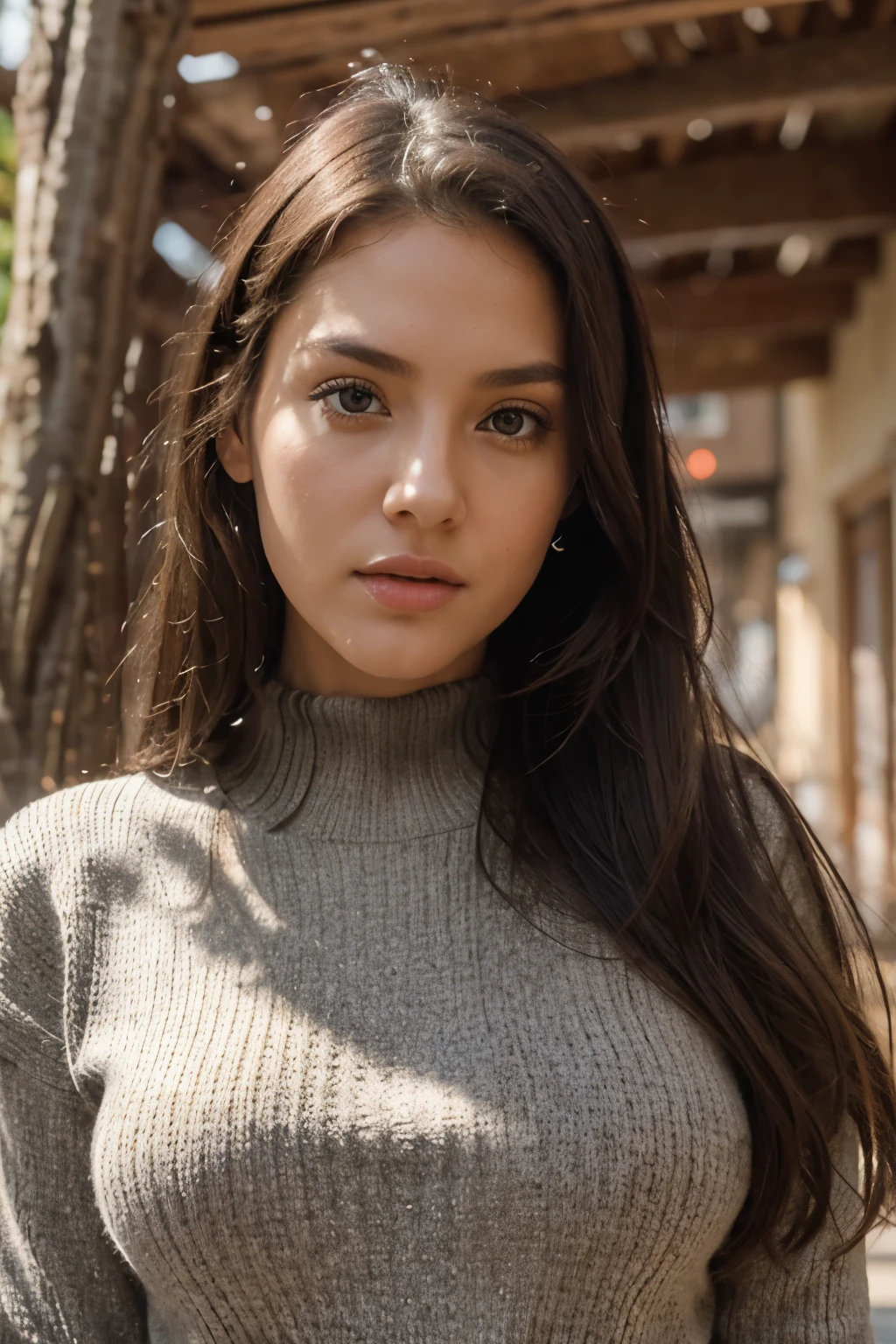 ​photograph of stunning girl, dressed in autumn sweater, long hair on one side, heavy bust 36DD, looks at camera, symmetrical eyes, symmetrical face, photorealistic, photography, path tracing, specular lighting, volumetric facial lighting, hair smooth trajectory, visible, intricate, elaborate shadows, small waist and wide hips, height of 1.75 m, wide mouth.