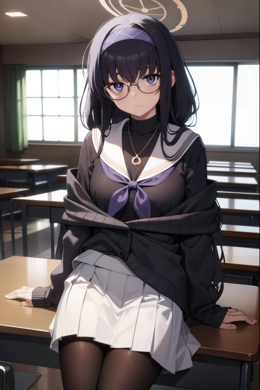 uikozeki, ui kozeki, bags under eyes, black hair, (purple eyes:1.5), glasses, halo, long hair, red-framed eyewear,
BREAK black pantyhose, black undershirt, blue hairband, blue neckerchief, brown cardigan, brown sweater, cardigan, hairband, long sleeves, messy hair, neckerchief, pantyhose, sailor collar, school uniform, serafuku, sweater, white sailor collar, white serafuku, skirt, long skirt,
BREAK looking at viewer,
BREAK indoors, classroom,
BREAK (masterpiece:1.2), best quality, high resolution, unity 8k wallpaper, (illustration:0.8), (beautiful detailed eyes:1.6), extremely detailed face, perfect lighting, extremely detailed CG, (perfect hands, perfect anatomy),