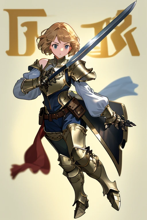 (((8k,Best Quality)), Masterpiece, outdoor, girl, holding sword, combat pose, gauntlet,  full body, (cropped shoulders),  ((leotard, chest plate armor)), solo, ((gauntlets)), ((greaves)), loincloth, bare shoulders,  belt pouch, long puffy sleeves, blurry background, simple background,