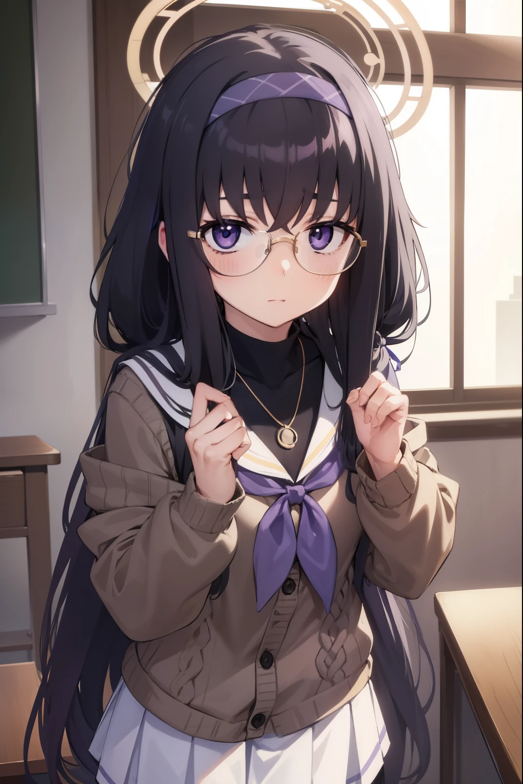 uikozeki, ui kozeki, bags under eyes, black hair, (purple eyes:1.5), glasses, halo, long hair, red-framed eyewear,
BREAK black pantyhose, black undershirt, blue hairband, blue neckerchief, brown cardigan, brown sweater, cardigan, hairband, long sleeves, messy hair, neckerchief, pantyhose, sailor collar, school uniform, serafuku, sweater, white sailor collar, white serafuku, skirt, long skirt,
BREAK looking at viewer,
BREAK indoors, classroom,
BREAK (masterpiece:1.2), best quality, high resolution, unity 8k wallpaper, (illustration:0.8), (beautiful detailed eyes:1.6), extremely detailed face, perfect lighting, extremely detailed CG, (perfect hands, perfect anatomy),