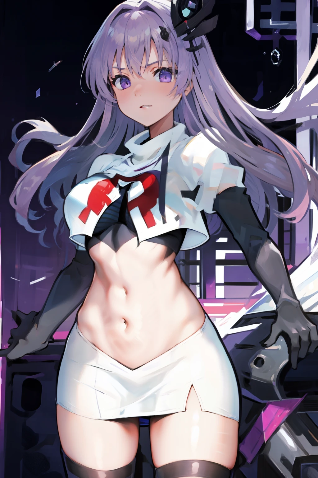 1girl,purple sister chaos,solo,
large breasts,
standing,cowboy shot, hair ornament,
team rocket,team rocket uniform, red letter R, white skirt,white crop top,black thigh-highs, black elbow gloves,