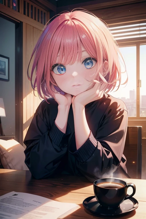 i was silent, Nino Nakano, pink hair,short hair, bangs, blue eyes, Wake up,sleepy,T-shirt,black underwear,barefoot,smile，Bedroom，light goes out， covered with a blanket， windows，ロマンチックなmorning日,morning,extreme light,sitting on the bed,
break indoors, Bedroom,
break looking at viewer, (cowboy shot:1.5),
break (masterpiece:1.2), highest quality, High resolution, unity 8k wallpaper, (shape:0.8), (fine and beautiful eyes:1.6), highly detailed face, perfect lighting, Very detailed CG, (perfect hands, perfect anatomy),