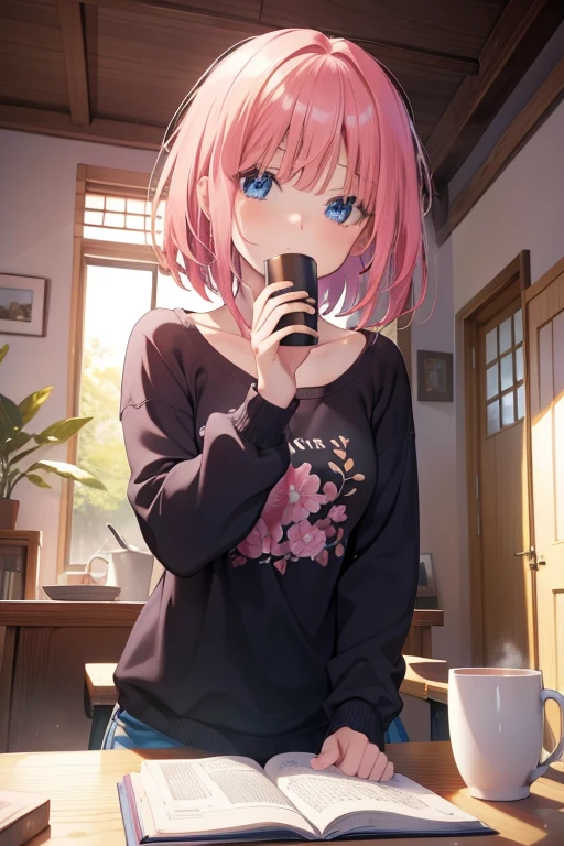 ninonakano, nino nakano, short hair, bangs, blue eyes, pink hair, blunt bangs, Large-sized Y-shirts,Black underwear,Waking up,Half eyes closed,Sitting on the sofa,coffee mug on the table,indoor,morning,The sun rises through the gap between the buildings,break looking at viewer,
break (table top:1.2), highest quality, High resolution, unity 8k wallpaper, (figure:0.8), (beautiful and fine eyes:1.6), highly detailed face, perfect lighting, Highly detailed CG, (perfect hands, perfect anatomy),