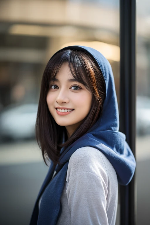 8K, highest quality, masterpiece, realistic, ultra detail, photo realistic, hyper realistic, smoother lighting, Improve the quality of cinematic lighting, realistic lighting, Backlight, bright light, Improvement of quality, highest quality real texture skin, close, thin, cute顔, smile, beautiful detail eyes, 19 years old Pakistani, cute, electric blue color drill hair, hood,