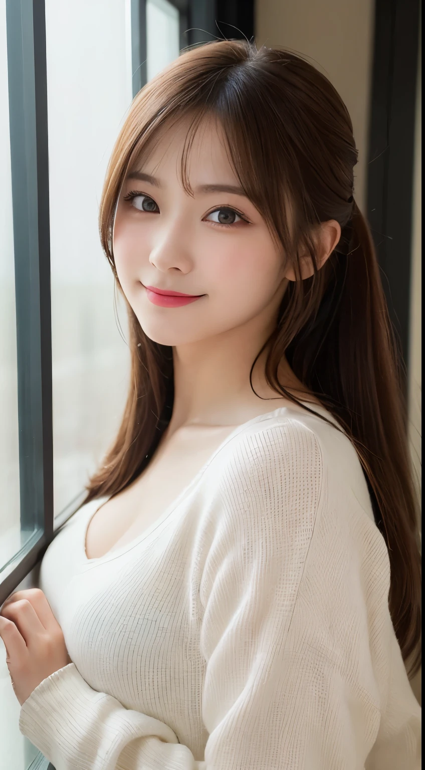 table top, highest quality, figure, super detailed, finely, High resolution, 8k wallpaper, 完璧なダイナミックな構figure, detailed and beautiful eyes, Down jacket,ponytail,small breasts natural color lip, bold sexy pose,smile、20 year old girl、cute、sexy shot looking at camera,RAW photo,perfect and beautiful face,beautiful and detailed face、using your whole body、Posing like a famous gravure model。detailed and beautiful eyes