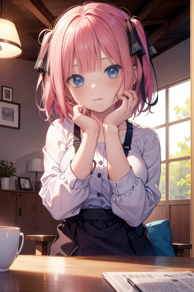 ninonakano, nino nakano, short hair, bangs, blue eyes, pink hair, blunt bangs, Large-sized Y-shirts,Black underwear,Waking up,Half eyes closed,Sitting on the sofa,coffee mug on the table,indoor,morning,The sun rises through the gap between the buildings,break looking at viewer,
break (table top:1.2), highest quality, High resolution, unity 8k wallpaper, (figure:0.8), (beautiful and fine eyes:1.6), highly detailed face, perfect lighting, Highly detailed CG, (perfect hands, perfect anatomy),