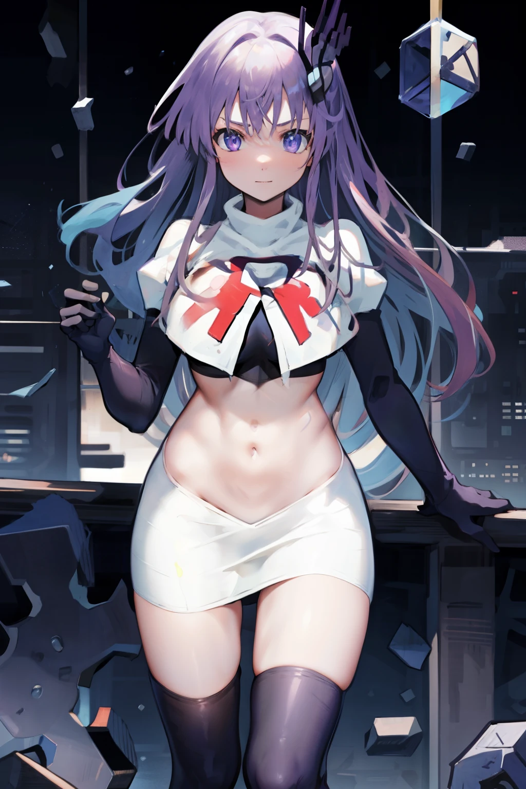 1girl,purple sister chaos,solo,
large breasts,
standing,cowboy shot, hair ornament,
team rocket,team rocket uniform, red letter R, white skirt,white crop top,black thigh-highs, black elbow gloves,