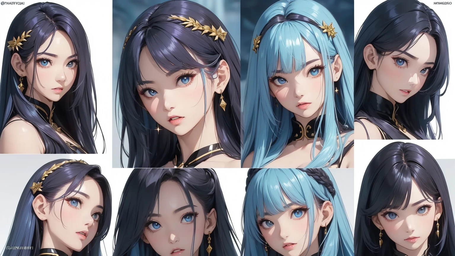 ((Masterpiece)),(((best quality))),(character design sheet, Same character..., front, side), beautiful girl,blue hair, albio, conjunctivitis, long hair, annoying, ใบfrontเท่านั้น, Separate from each other..., to, equilibrium, decorations, sharp teeth, shout, sparkling eyes, Highly detailed, ((4 expressions)), Jungle Theme, ((ตกสะเก็ดบนใบfront, glossy lips, shiny skin, (((มีสี่frontเท่านั้น))), (((References only four)))