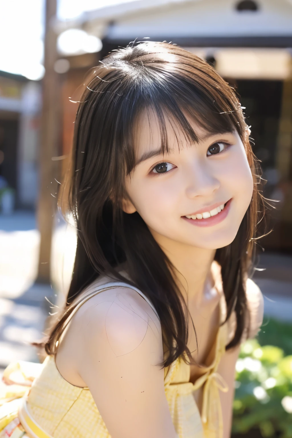 (((masterpiece))), (((full body photo,Are standing))), (one beautiful girl, innocence,cute) ,ultra high resolution, reality, Super detailed, 8k,highest quality, very detailed, blurred background,thin,small breasts,(very beautiful japanese girl, detailed face:1.rincess cut,black hair :1.4), (baby face,cute系,adorable 10 year old girl), (perfect body:1.1),((cute夏の子ども服))、rosy cheeks,A smile that makes you want to hug me,I'm very happy,sexy pose,Super detailedな顔、detailed lips、detailed eyes、small gravure idol,Big eyes,transparent skin、lolita,Photoreal:1.37、bright sunny day、best writing,best shadow,In front of the fancy shop,lots of passersby,meeting,bright sun,fun,A long-awaited outing