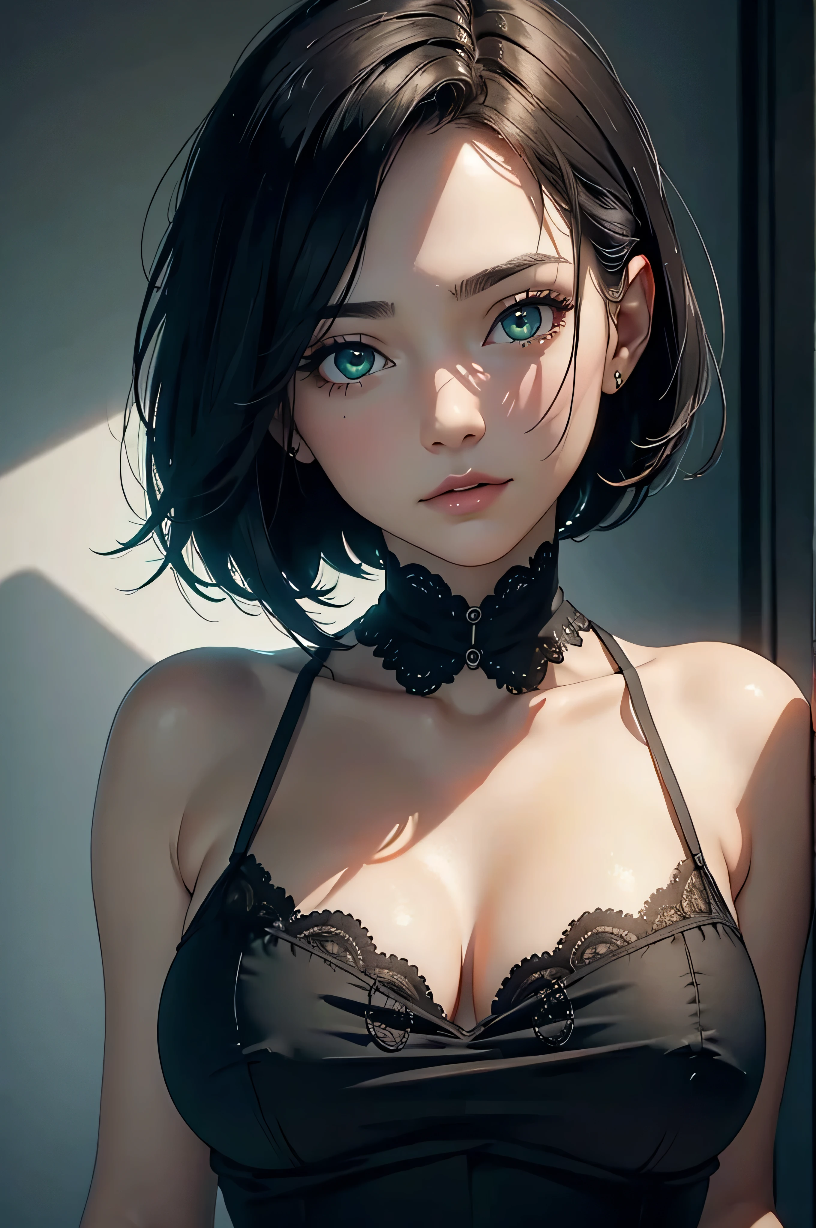 Masterpiece, Best quality, sky, sharp face, dark hair, green eyes, short hair, black hair, ultra detail hair, 2. vintage dress ,perfect breast, ultra detail, 8k arnold, volumetric lighting, volumetric shadows, ultra face detail, ultra realistic face, Tokyo area , full body, Dress modestly, white skin,