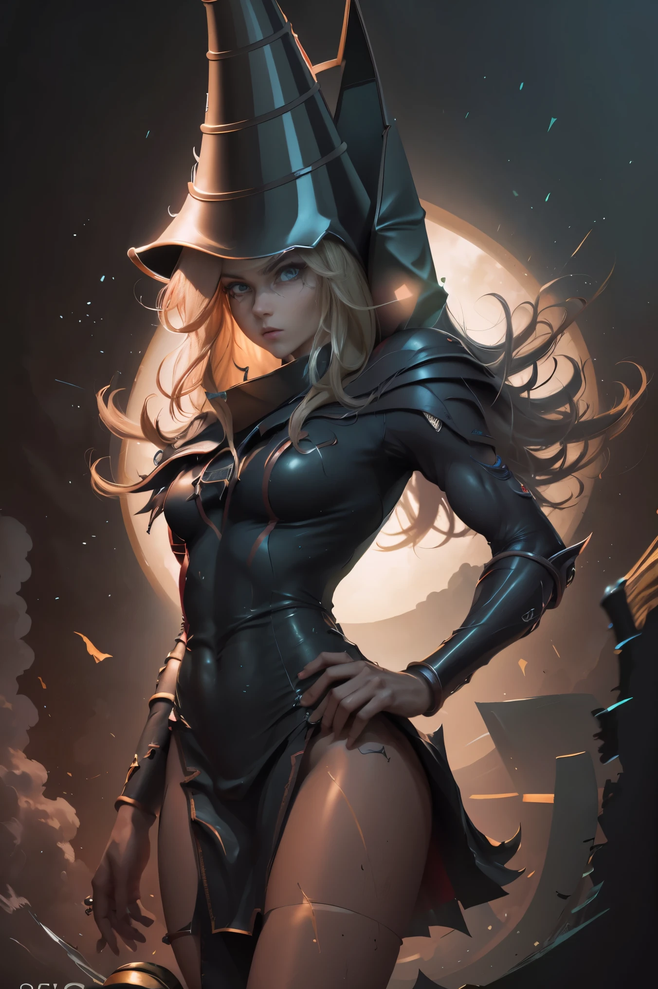(8k,fotorrealista Raw photography highest qualityr;1.4) (1chica en) super beauty (cara realista) cuerpo femenino (Rubia de rizos largos) Hold a black and red magic wand Escena de combate Magic hat with black and gold exterior Beautiful expression Deslumbramiento (Piel de aspecto real) (Giles magos oscuros) Tentador Super high resolution Un hiperrealista Alto detalle foto de cuerpo completo restos