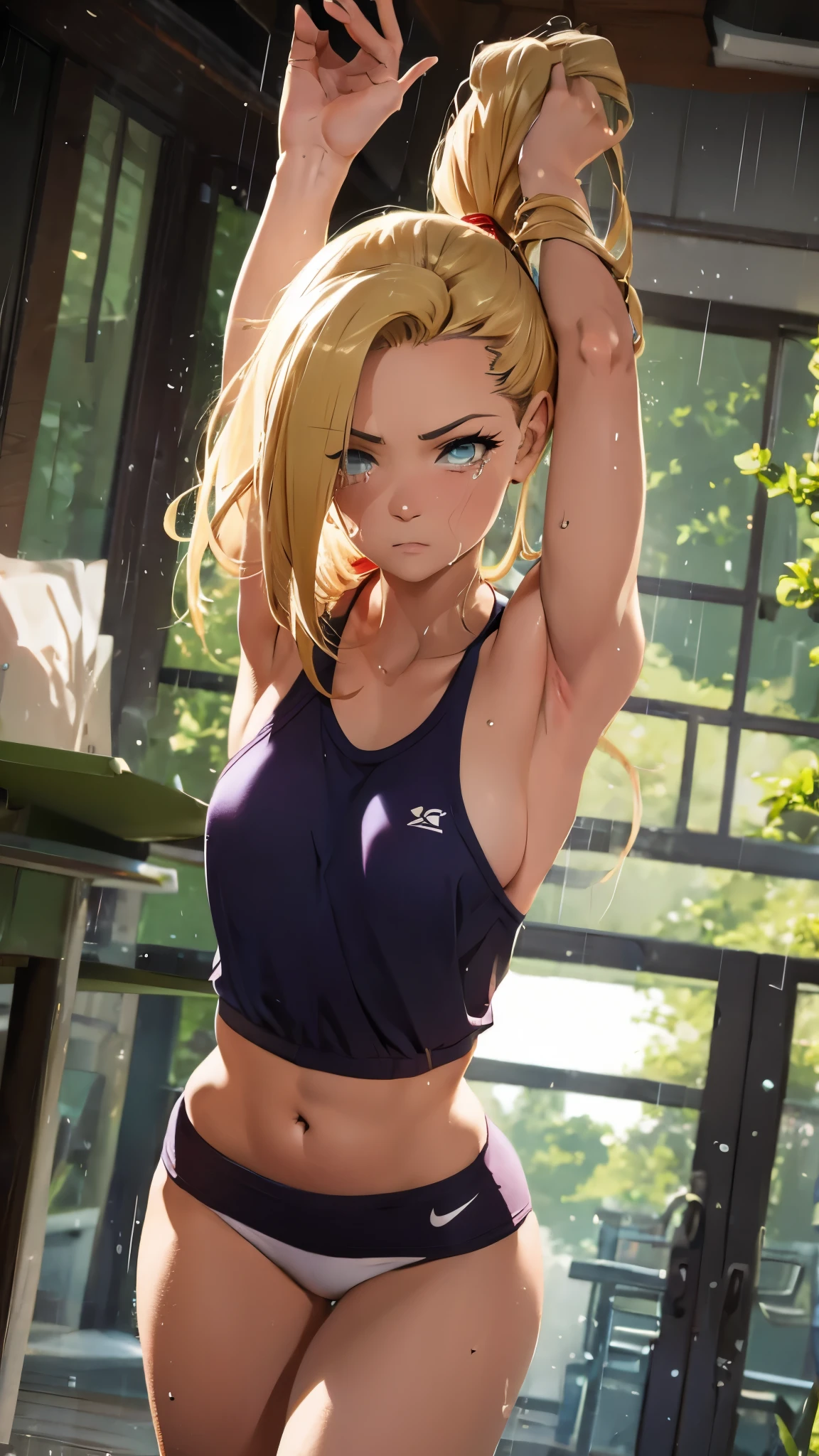 Ino Yamanaka from the anime Naruto, looking sexy (crying), with running ink. She is a 23-year-old girl wearing sportswear. She is kicking a mannequin in the face. The scene is set in a dojo with rain falling in the background. The prompt should have the best quality and a resolution of 8K. The image should be ultra-detailed, realistic, and have vivid colors. The art style should be anime, and the overall color tone should be vibrant. The lighting should be dynamic and highlight the action.