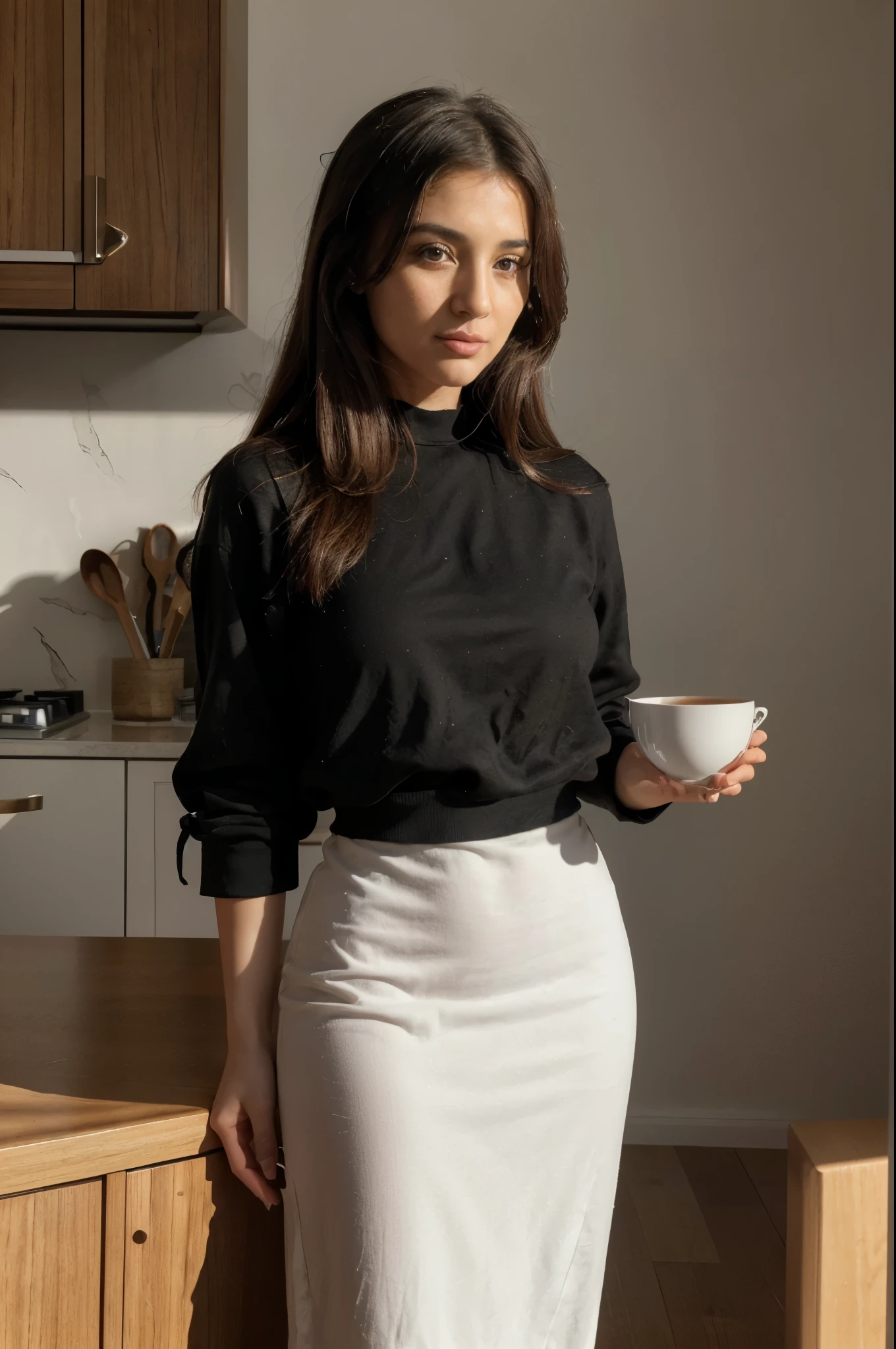 best quality, masterpiece, ultra high res, 8K, raw, (photo realistic:1.4), sharp focus, 1 girl, (detailed background:1.5), Morning routine: Leila in her modern kitchen with black and white furniture, dressed in a long french chic yet comfortable outfit, preparing a cup of Arabic coffee. The morning light gently illuminates her peaceful home setting.