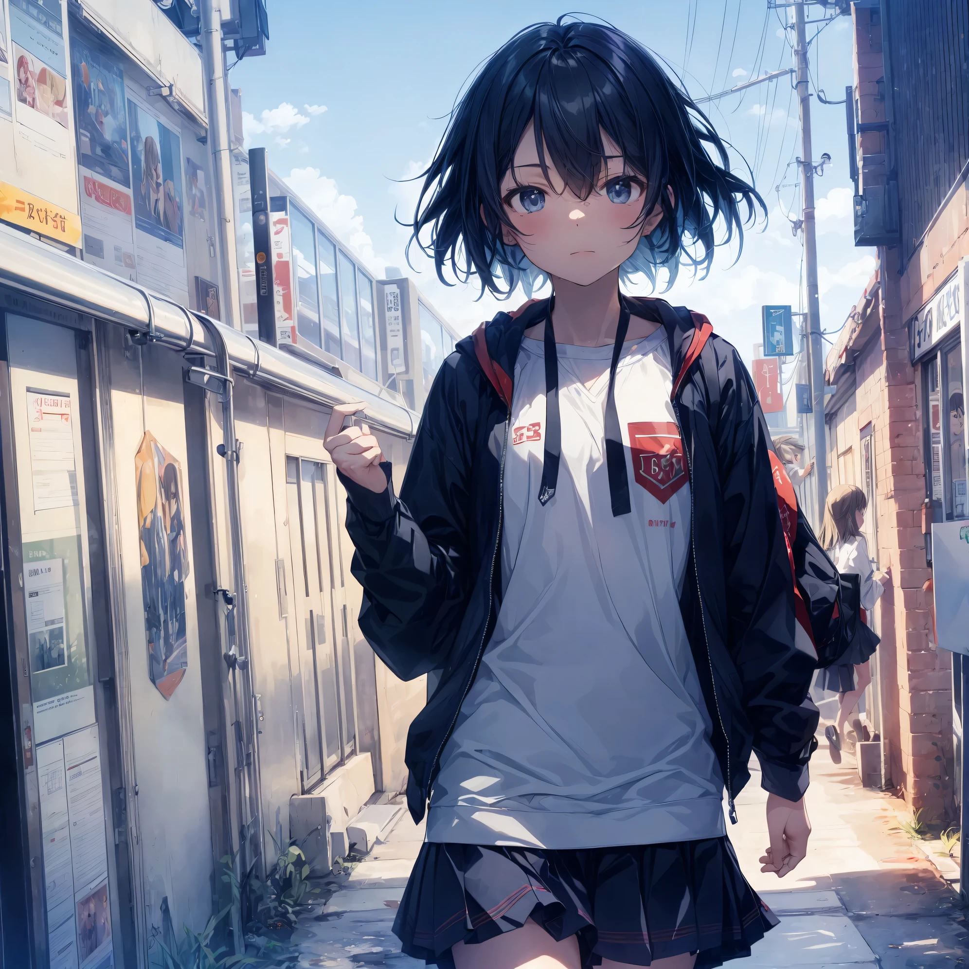 Super high quality by the art god, super detailed, High resolution, Shinkai Makoto style, anime moe art style, best anime 8K konachan wallpaper, pixiv contest winner, perfect anatomy, break,(眠そうにalone学校へ行く女の子を描いてください. ),break, surreal high school girl, (alone,change,child,:1.3),All limbs, full finger,Middle school students, androgynous charm, (very, very short hair), messy hair, flat and soft chest, small ass, between legs, small eyes,beautiful detailed black eyes, Well-proportioned iris and pupils, disgusted eyes, High resolutionの詳細な髪, school uniform, skirt, On the way to school. break,super dense skin, Best lighting by famous artists, 8K, figure,
