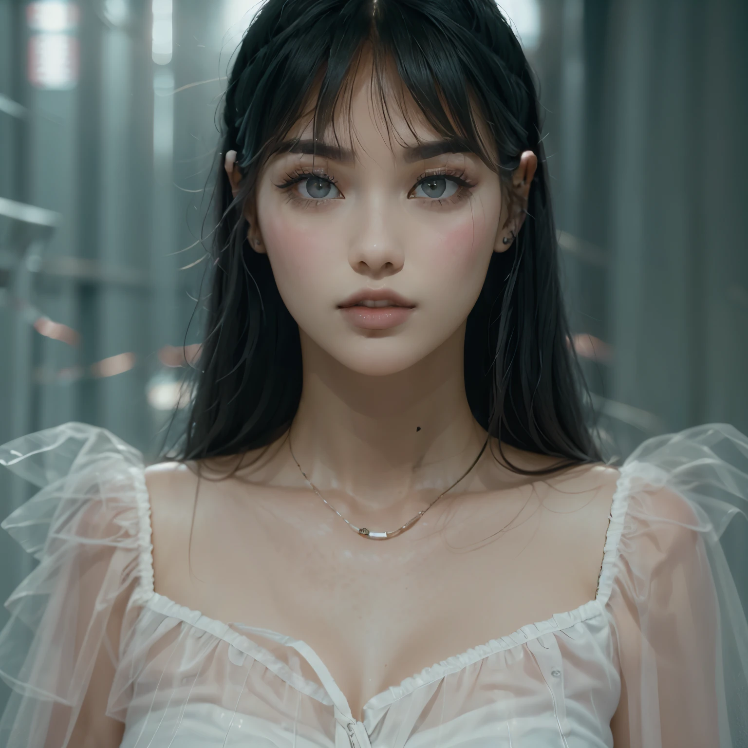 Close up of woman with long hair wearing white dress, Best Face, Larissa Manoval, popular korean makeup, Popular Korean Makeup, neat hair With bangs, pale, round face, Jinyoung Shin, korean symmetrical face, lalisa manoban of blackpink, portrait of jossi of blackpink, With bangs, Centrally split bangs