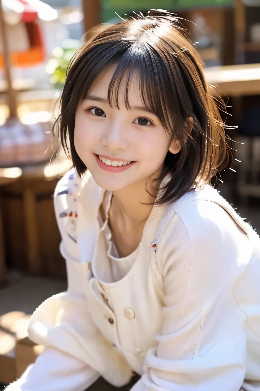 (((masterpiece))), (((full body photo,sitting))), (one beautiful girl, innocence,cute) ,ultra high resolution, reality, Super detailed, 8k,highest quality, very detailed, blurred background,thin,small breasts,(very beautiful japanese girl, detailed face:1.3), (short black hair :1.4), (baby face,cute系,adorable 10 year old girl), (perfect body:1.1),((winter fashionista))、rosy cheeks,A smile that makes you want to hug me,I'm very happy,cuteポーズ,Super detailedな顔、detailed lips、detailed eyes、small gravure idol,Big eyes,transparent skin、lolita,Photoreal:1.37、bright sunny day、family restaurant,warm food,A busy store,Lots of customers,cuteパフェ,