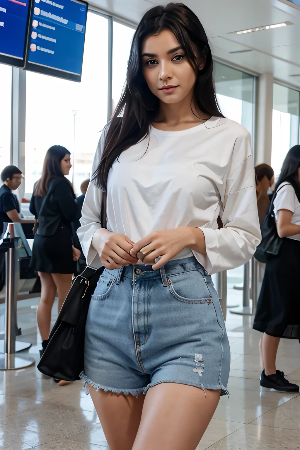 turkısh woman face with black hair blue eyes at airport background