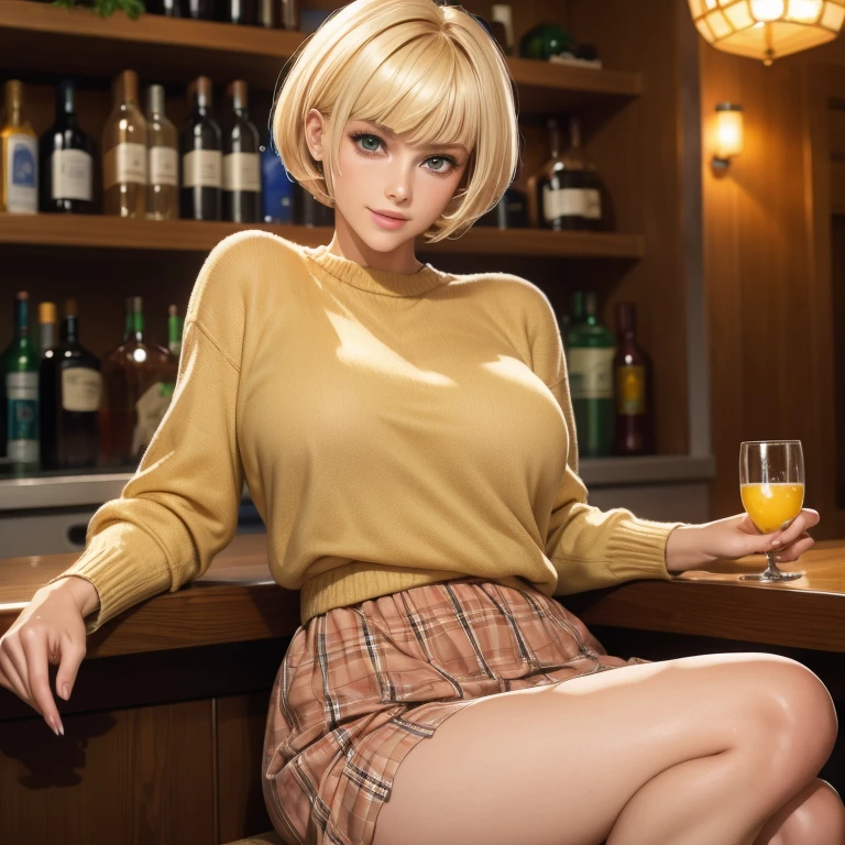 Beautiful woman blonde short hair with bangs pink lips light eyes orange wool sweater short green plaid skirt sitting in bar happy face 