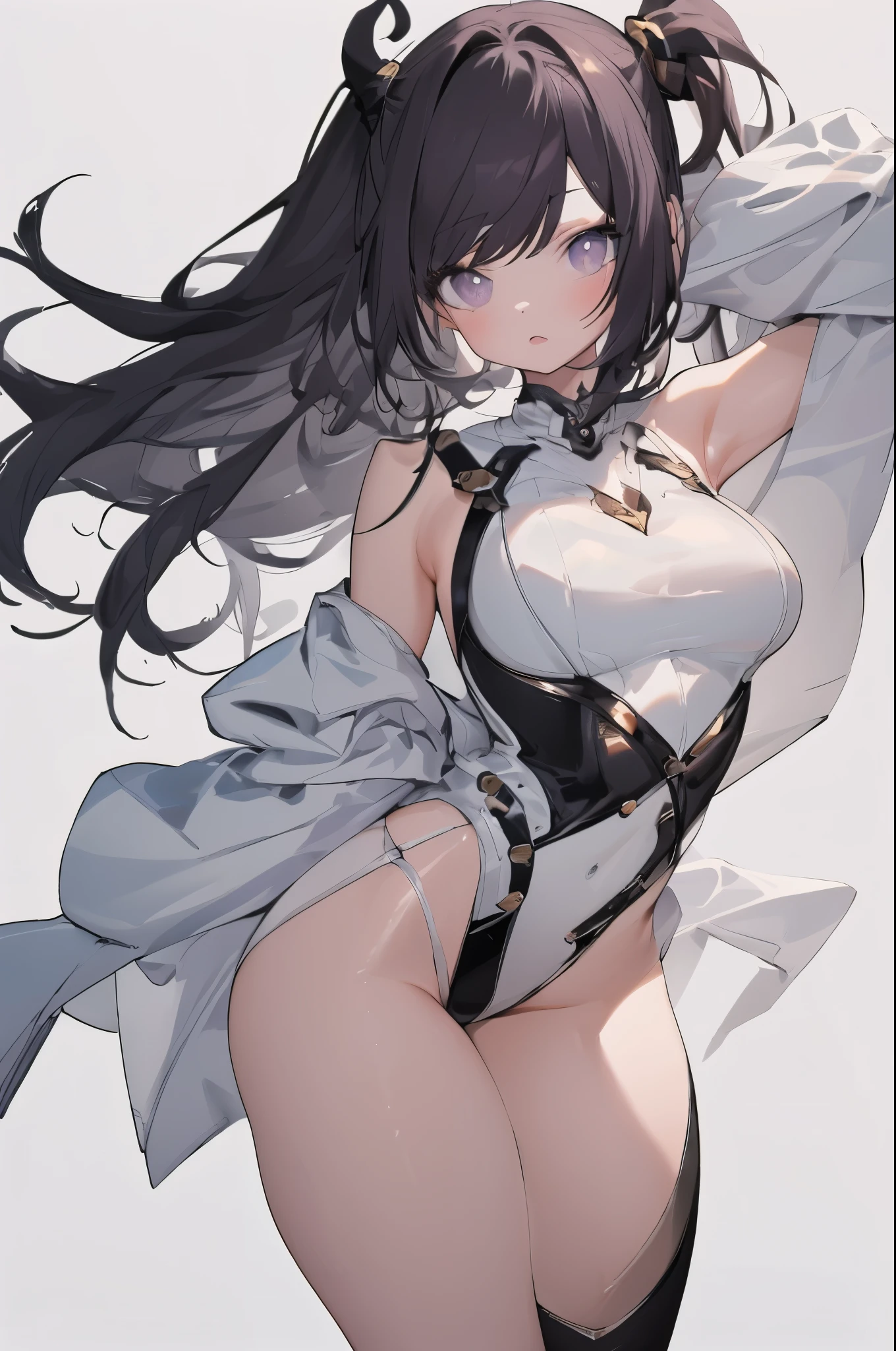((Best quality, 8K, Ultra-detailed, Masterpiece: 1.3)), 3 girl, Shiny skin, Sharp, Perfect body beauty, realistic shadow perfect body,("Black and blue high leg leotard,futuristic,Transparent ":1.2),Big_Breasts ,Young girl, short girl,upper legs , indoors, White background,cleavage, standing up arms down, vest,M legs, your ass, ("Dark Brown long hair, ahoge, black pupils dark purple eyes ,Sideswept parted hair":1.5), portrait shot,(" no background":2)