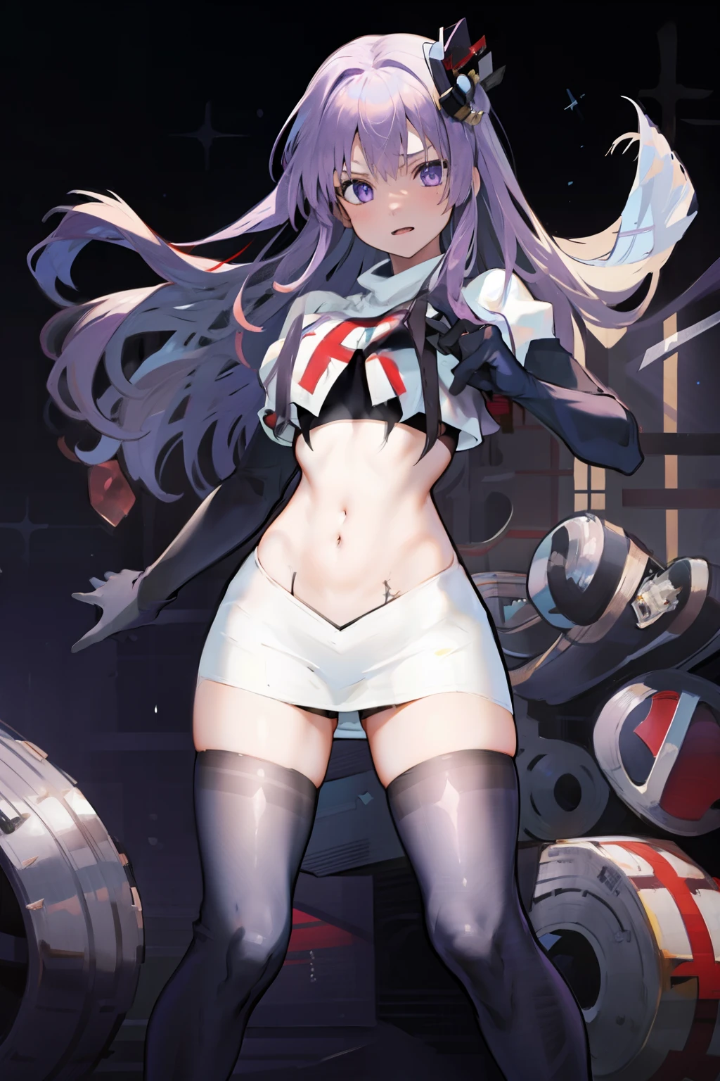 1girl,purple sister chaos,solo,
large breasts,
standing,cowboy shot, hair ornament,
team rocket,team rocket uniform, red letter R, white skirt,white crop top,black thigh-highs, black elbow gloves,