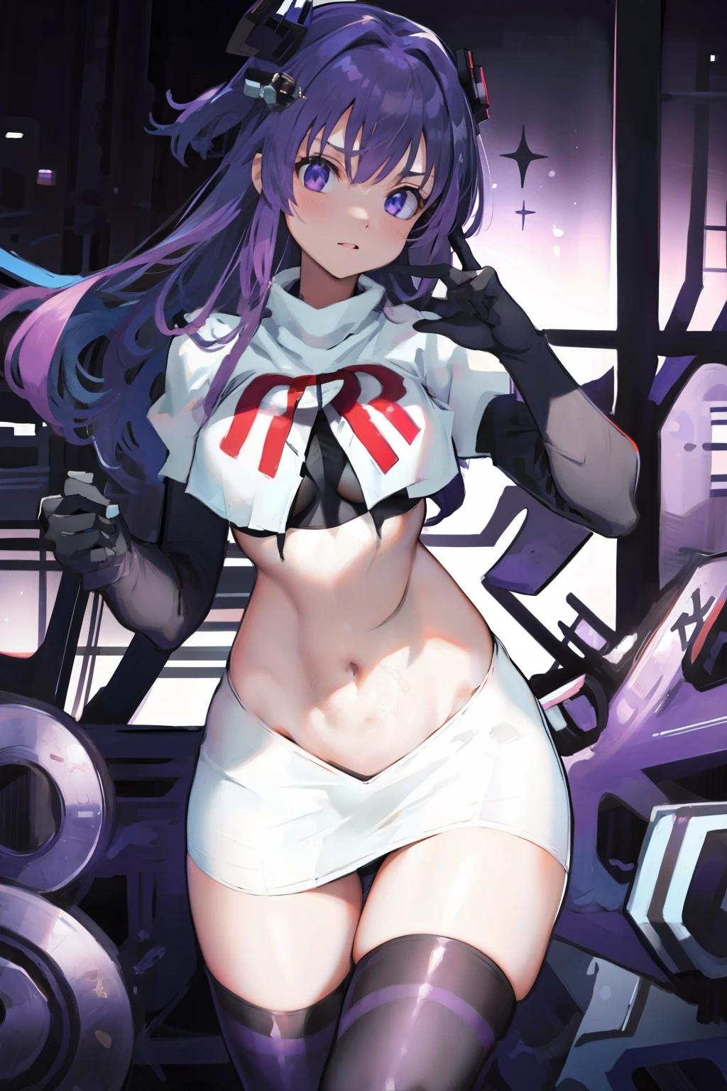 1girl,purple sister chaos,solo,
large breasts,
standing,cowboy shot, hair ornament,
team rocket,team rocket uniform, red letter R, white skirt,white crop top,black thigh-highs, black elbow gloves,