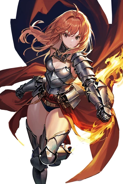 (((8k,Best Quality)), Masterpiece, girl, holding sword, combat pose, gauntlet,  full body, (cropped shoulders), ((highleg leotard)),  ((leotard, chest plate armor)) solo, ((gauntlets)), ((greaves)), sarong, bare shoulders,  belt pouch, long puffy sleeves, ((white background)),