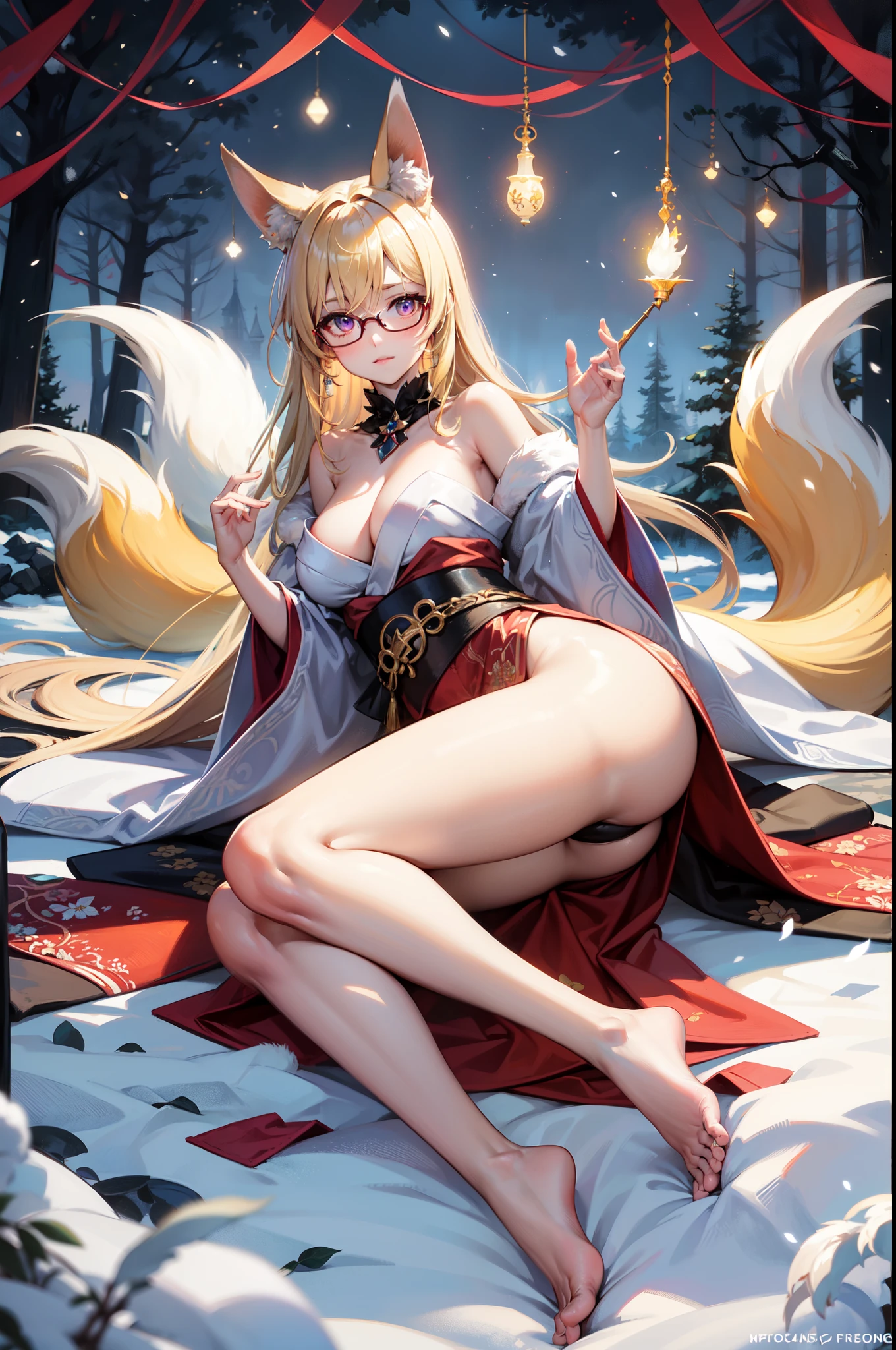 breathtaking, nine-tailed golden fox, no-human, japanese art style, majestic, bokeh, ink, art, complex background, beautiful tails, n a serene and enchanted forest, a mesmerizing sight awaits those fortunate enough to catch a glimpse - a breathtaking white fox with a lustrous coat that gleams like freshly fallen snow under the gentle moonlight. Gracefully moving through the undergrowth, its elegant form captures the essence of ethereal beauty. But what truly sets this wondrous creature apart is its extraordinary nine tails, each one adorned with intricate patterns that seem to tell ancient tales of mythical wonders. With every swish of those magnificent tails, an enchanting aura of magic surrounds the fox, captivating all who behold its splendor. As the embodiment of purity and allure, the white fox with its resplendent nine tails is a living testament to the wonders of nature's creativity and brilliance, masterpiece, best quality, purple eyes, blonde fur, fox, animal ears, blonde hair, fox ears, glasses,
