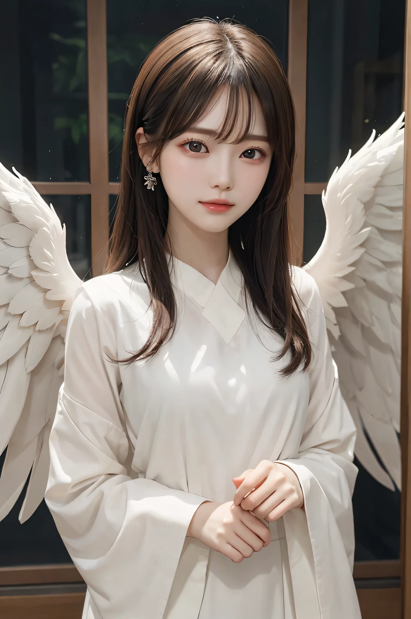 1.2) angel of peace and peace,With pure white wings and a shining aura,Graceful attitude,flowing light,Interaction of light and shadow indicates tranquility and peace。(Prompt B: 1.1) Beautifully detailed 8K wallpaper,Every detail shows the highest quality and craftsmanship,The angel in the photo seems to be slowly descending from the sky.,wrapped in warm light,wonderful。