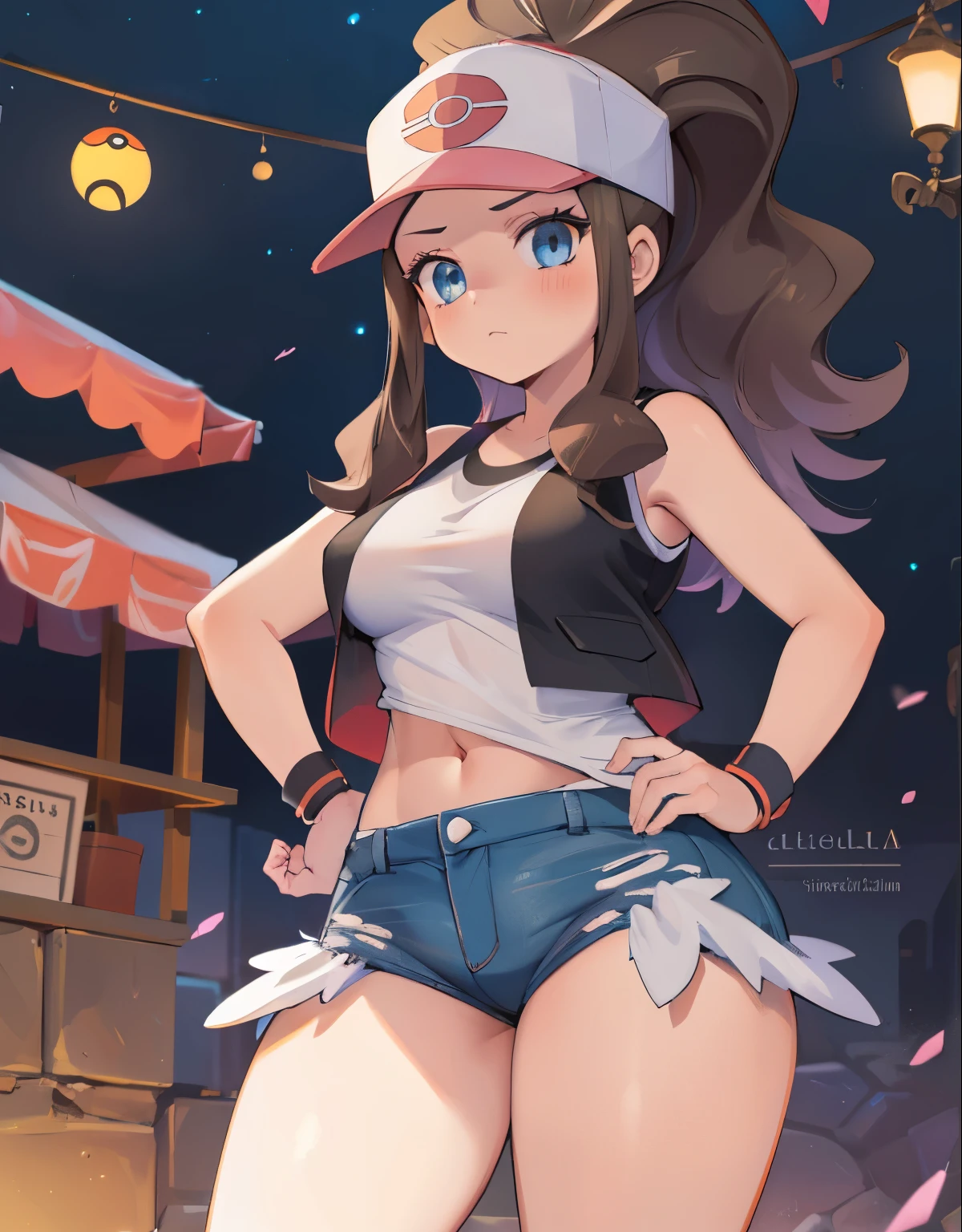 ((La mejor calidad, Altamente detallado, Obra maestra)) 4k, 1girl, perfect eyes:1.2, detailed eyes:1.4, pokemon hilda, def1, curvy, muslos regordetes, muslos visibles, muslos muslos, muslos gruesos, ojos detallados, sentada sobre sus piernas, annoyed look, alone in the alley, night, colores intensos, mirando a la camara