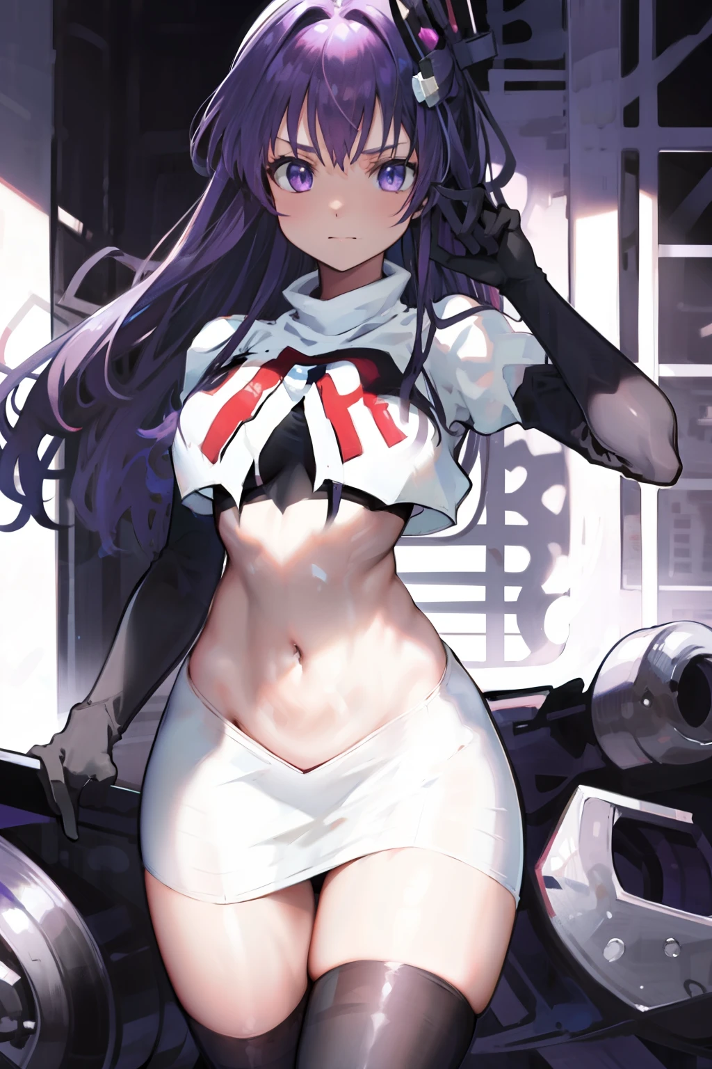 1girl,purple sister chaos,solo,
large breasts, 
standing,cowboy shot, hair ornament,
team rocket,team rocket uniform, red letter R, white skirt,white crop top,black thigh-highs, black elbow gloves,