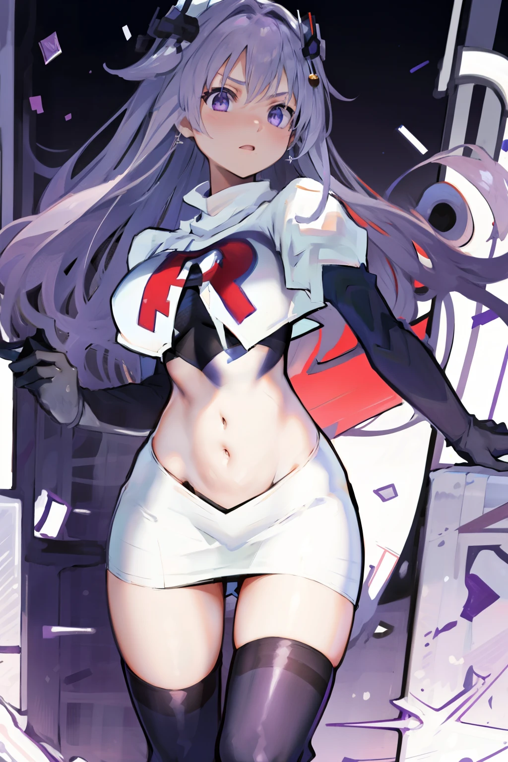 1girl,purple sister chaos,solo,
large breasts,
standing,cowboy shot, hair ornament,
team rocket,team rocket uniform, red letter R, white skirt,white crop top,black thigh-highs, black elbow gloves,