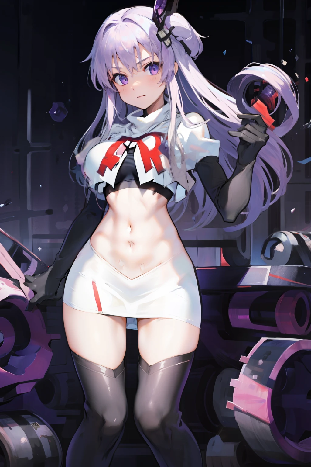 1girl,purple sister chaos,solo,
large breasts,
standing,cowboy shot, hair ornament,
team rocket,team rocket uniform, red letter R, white skirt,white crop top,black thigh-highs, black elbow gloves,