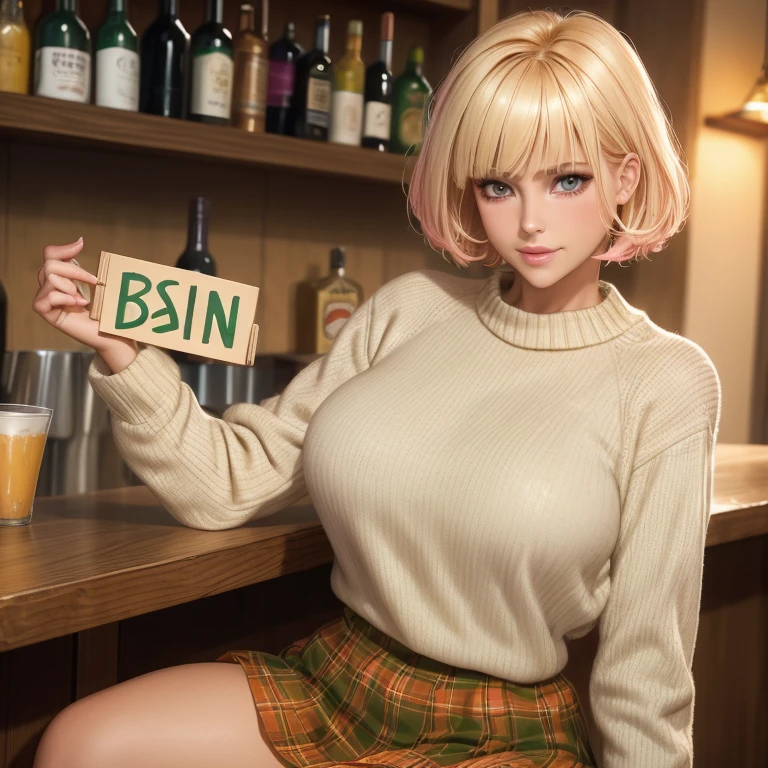 Beautiful blonde woman short hair with bangs pink lips light eyes orange woolen sweater short green plaid skirt sitting at bar happy face holding a sign that says Kiss me 