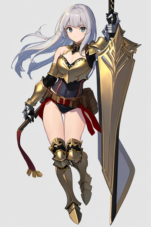 (((8k,Best Quality)), Masterpiece, girl, holding sword, combat pose, gauntlet,  full body, (cropped shoulders), ((highleg leotard)),  ((leotard, chest plate armor)) solo, ((gauntlets)), ((greaves)), sarong, bare shoulders,  belt pouch, long puffy sleeves, ((white background)),