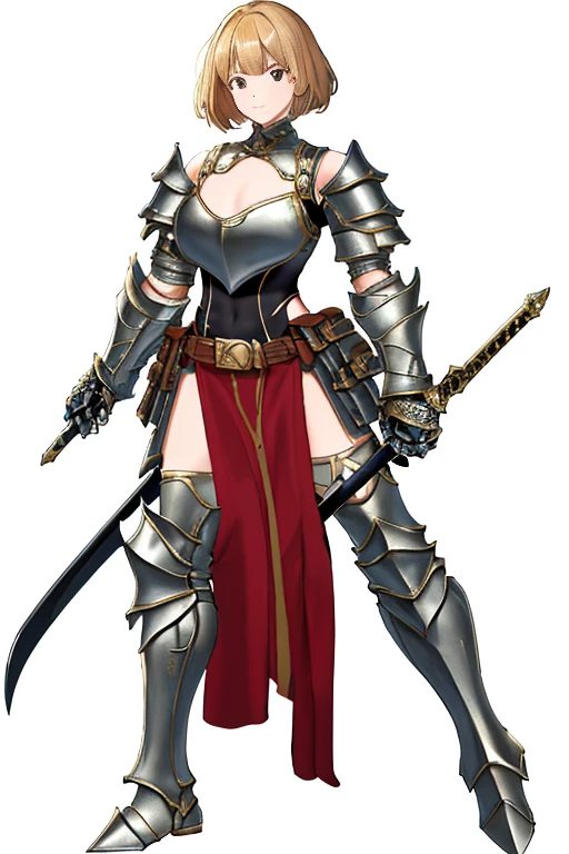 A girl, dressed in silver armor with an intricate gold pattern on it, red back swinging, silver katana in hand, beautiful face, medium long hair, floating away, light brown hair,