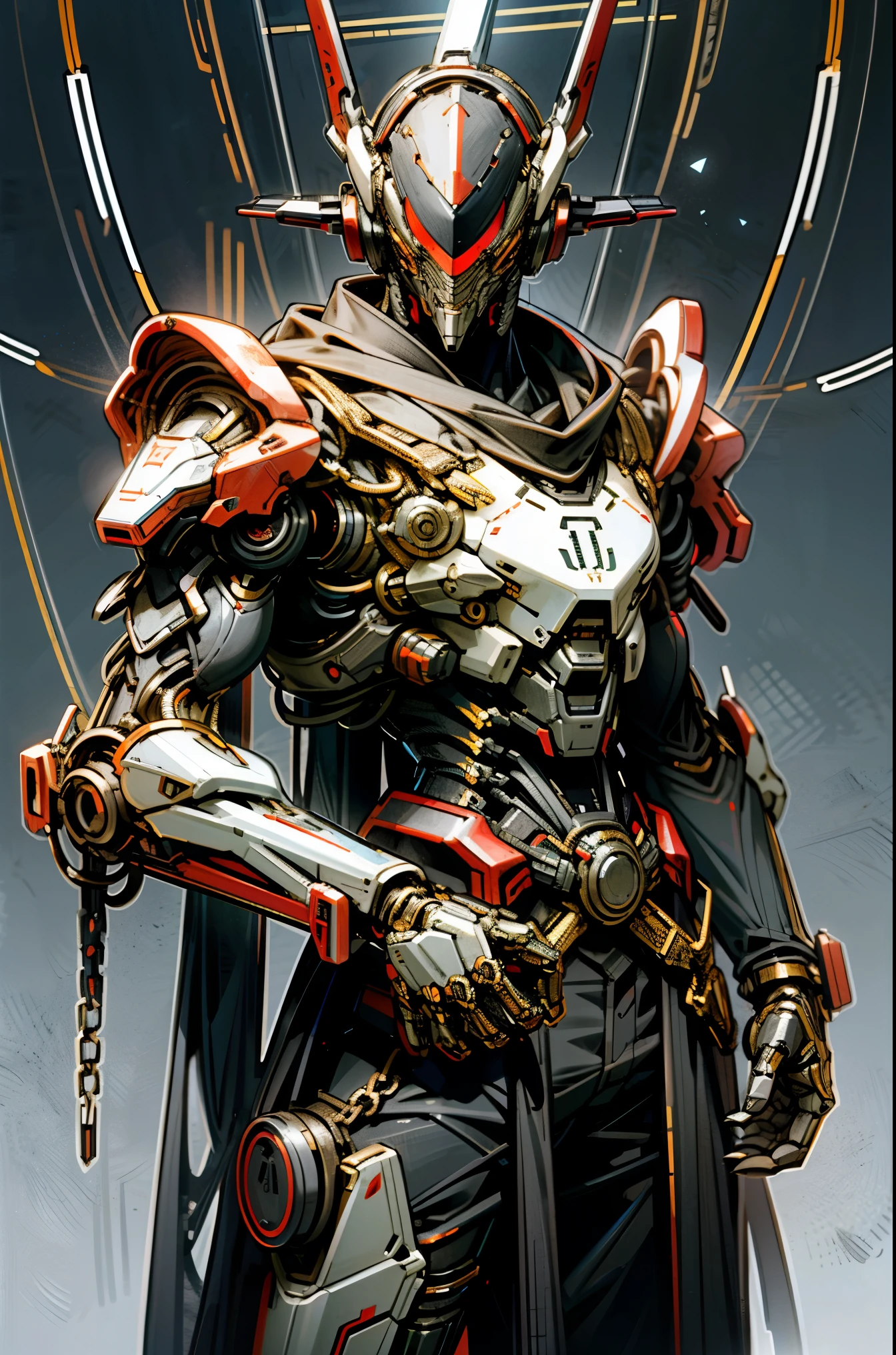 dark_fantasy,cyber punk,(chain saw,chain saw man,red:1.1),1 man,Mechanical Marvel,robot-like being,cybernetic guardian,