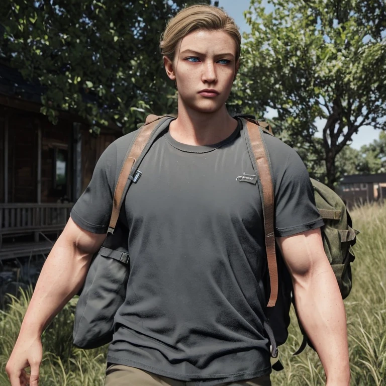 (masterpiece, best quality)
AbbyTLOU2, 1girl, solo, looking at viewer, blue eyes, blonde hair, brown hair, shirt, closed mouth, upper body, short sleeves, outdoors, day, bag, tree, muscular, facial hair, backpack, t-shirt, building, grey shirt, beard, realistic, photo background
