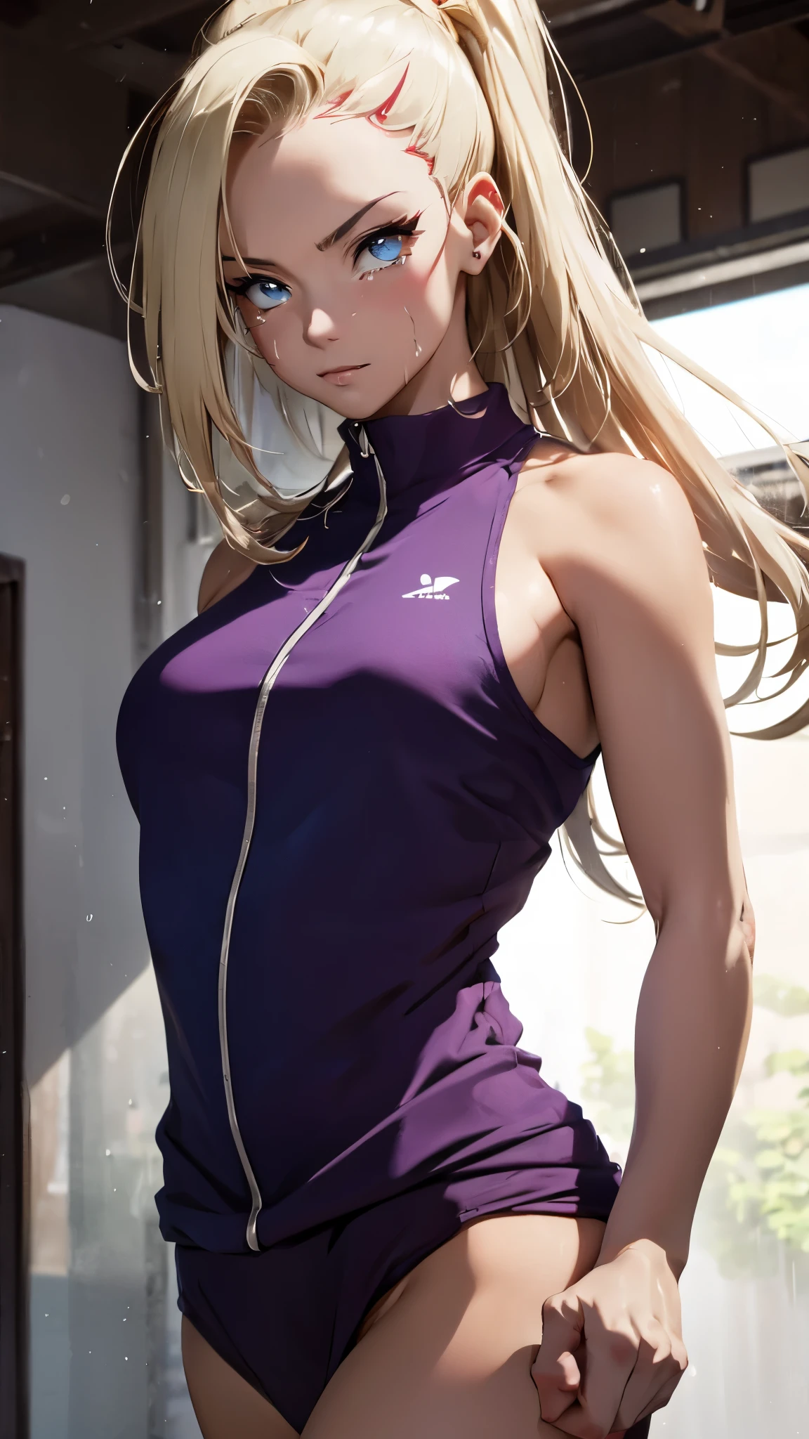 Ino Yamanaka from the anime Naruto, looking sexy (crying), with running ink. She is a 23-year-old girl wearing sportswear. She is kicking a mannequin in the face. The scene is set in a dojo with rain falling in the background. The prompt should have the best quality and a resolution of 8K. The image should be ultra-detailed, realistic, and have vivid colors. The art style should be anime, and the overall color tone should be vibrant. The lighting should be dynamic and highlight the action.
