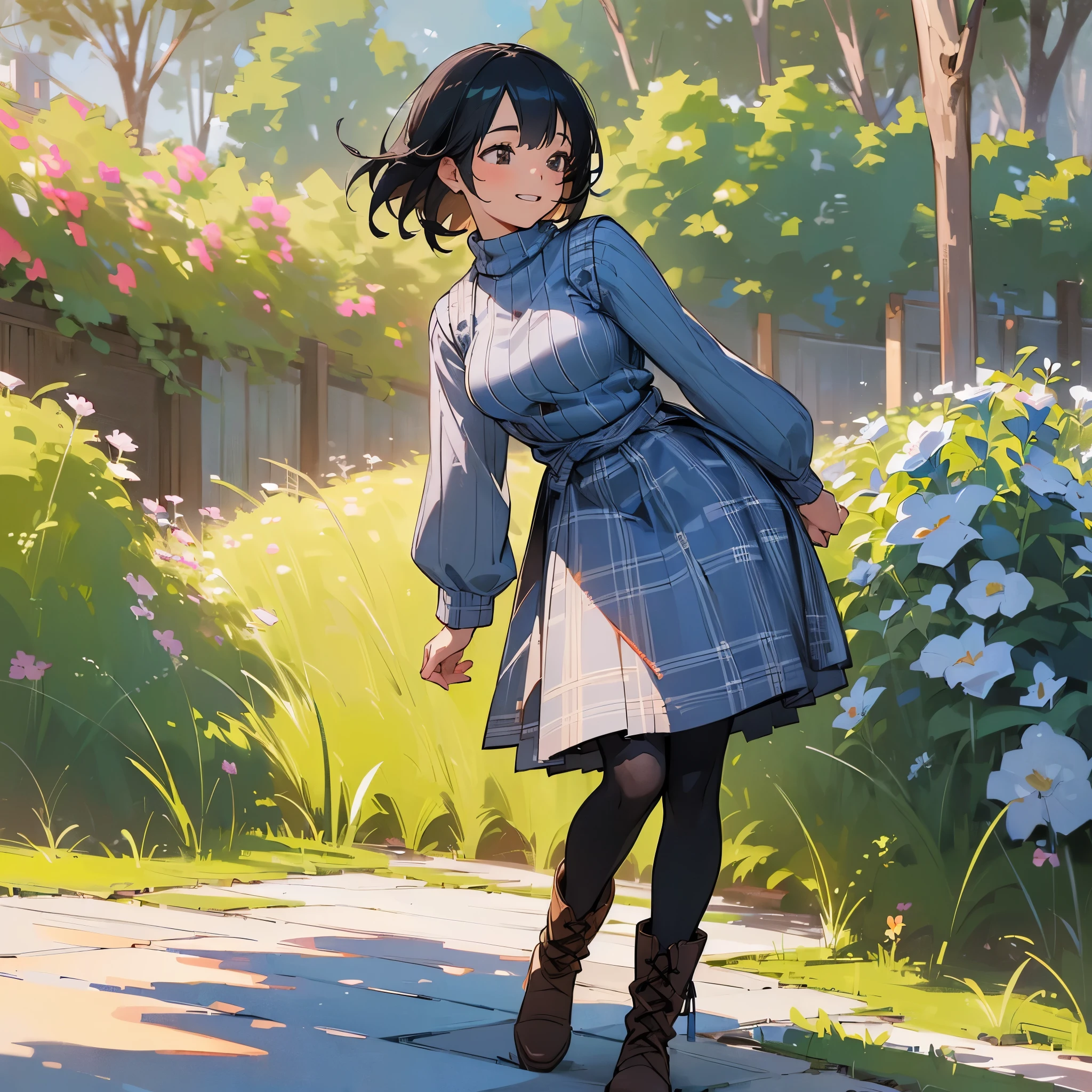 (high quality, high resolution, Super detailed, Reality:1.37), peaceful atmosphere, (outdoor, garden), Teenage girl standing alone, (My breasts are big.), Beautiful detailed features, cute smile, (black bob hair), ribbed sweater, blue plaid skirt, Black tights, brown boots.