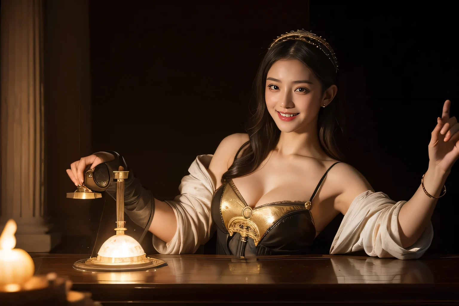 female mathematician,Ancient Greek costumes,Astronomical machinery,antique,A smile,,Sweet and seductive appearance.、Caravaggio's paintings、Chiaroscuro of Caravaggio,,Cute smile, Expression of ecstasy,erotick,A sexy