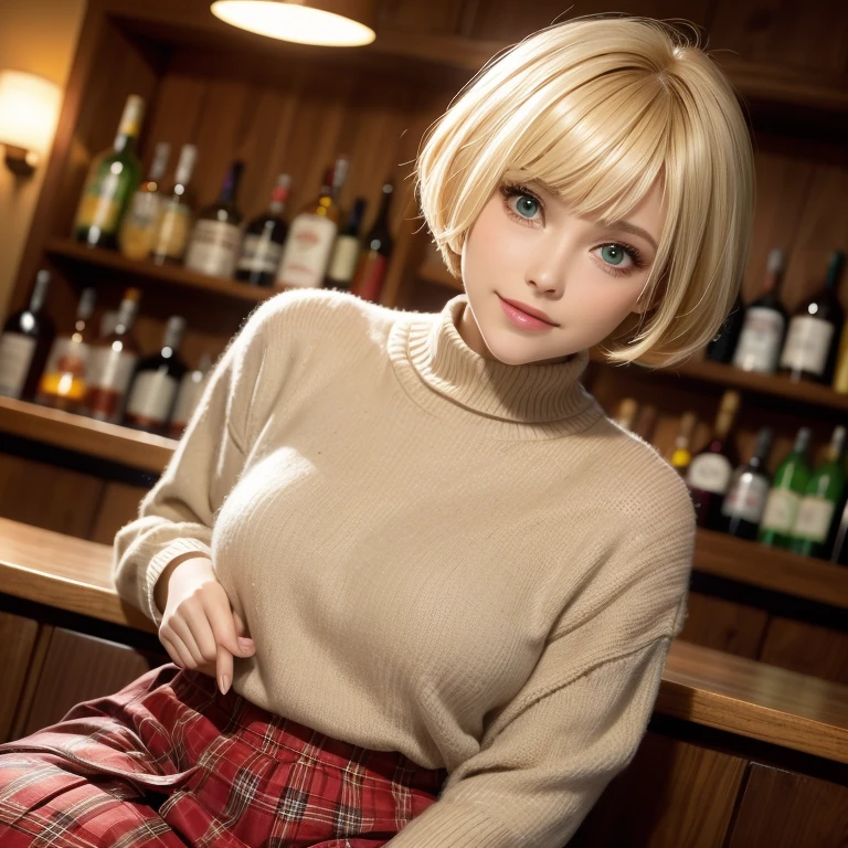 Beautiful woman blonde short hair with bangs pink lips light eyes orange wool sweater short green plaid skirt sitting in bar happy face 